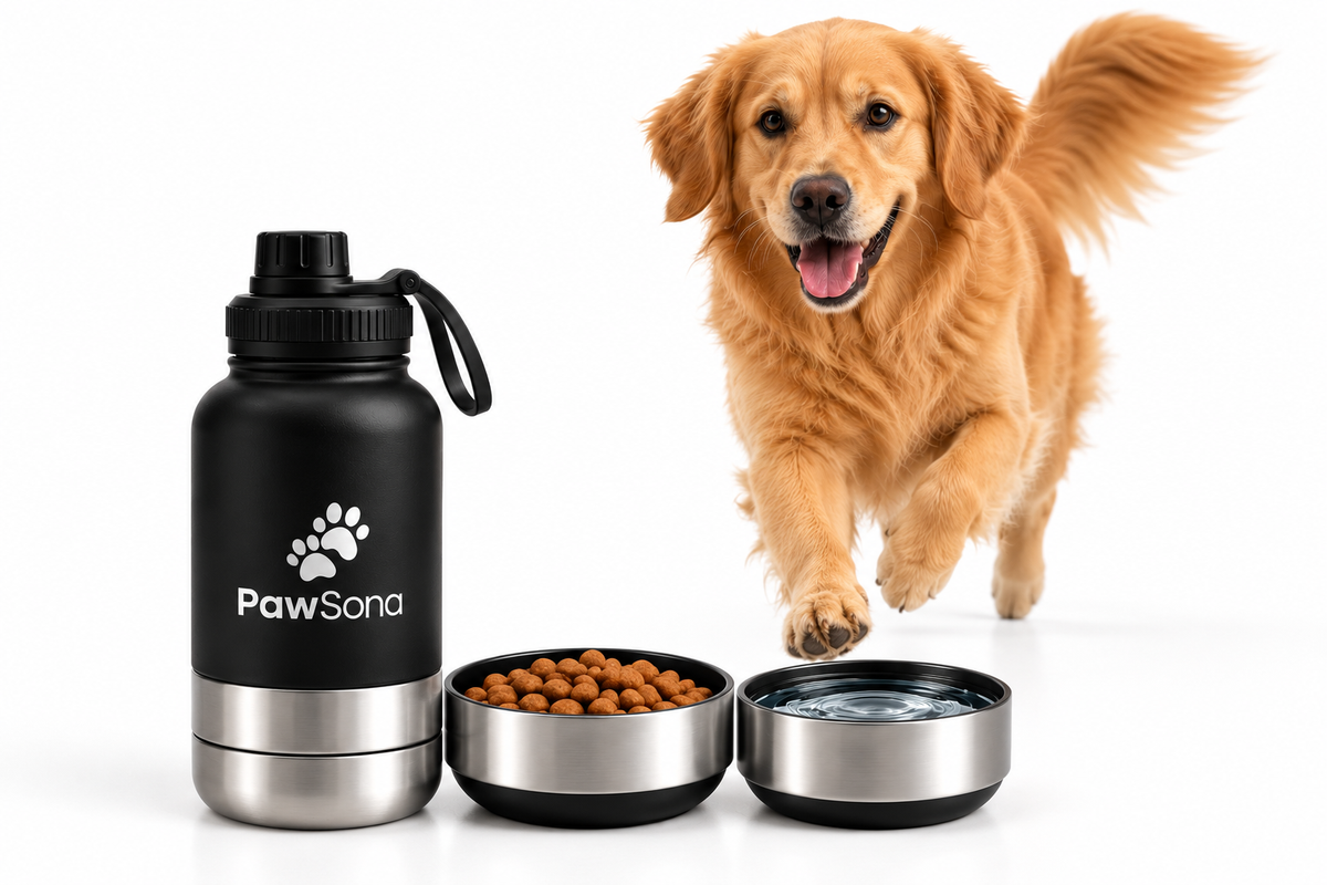 PawSona 3-in-1 Dog Water Bottle with Detachable Food & Water Bowls | Stainless Steel Bottle