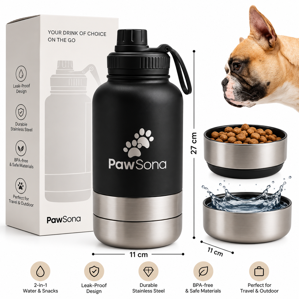 PawSona 3-in-1 Dog Water Bottle with Detachable Food & Water Bowls | Stainless Steel Bottle