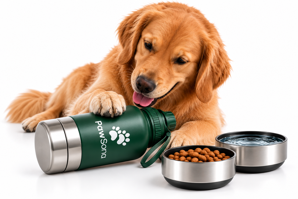 PawSona 3-in-1 Dog Water Bottle with Detachable Food & Water Bowls | Stainless Steel Bottle