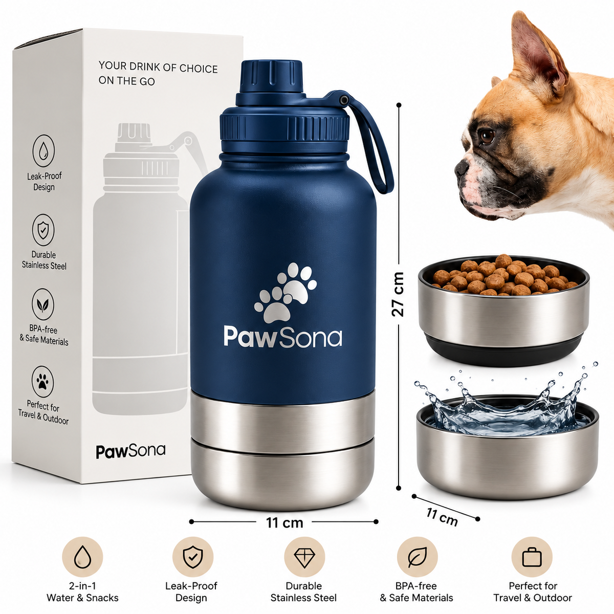 PawSona 3-in-1 Dog Water Bottle with Detachable Food & Water Bowls | Stainless Steel Bottle