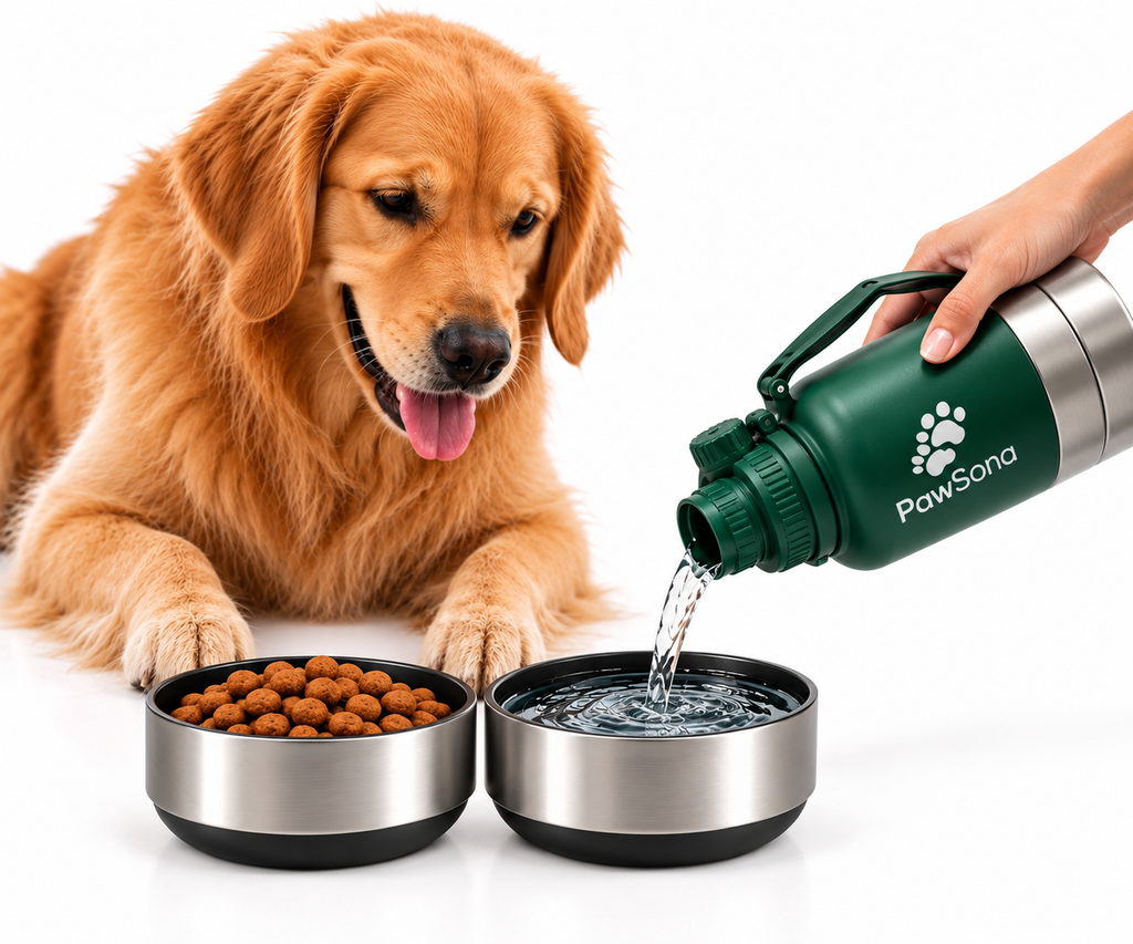 PawSona 3-in-1 Dog Water Bottle with Detachable Food & Water Bowls | Stainless Steel Bottle