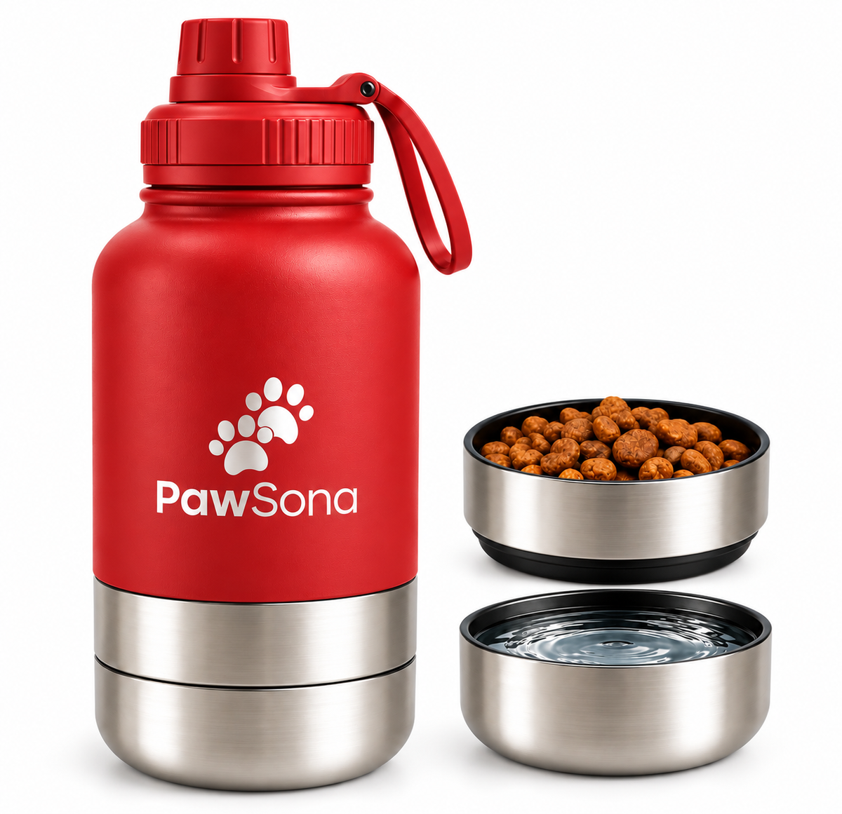 PawSona 3-in-1 Dog Water Bottle with Detachable Food & Water Bowls | Stainless Steel Bottle