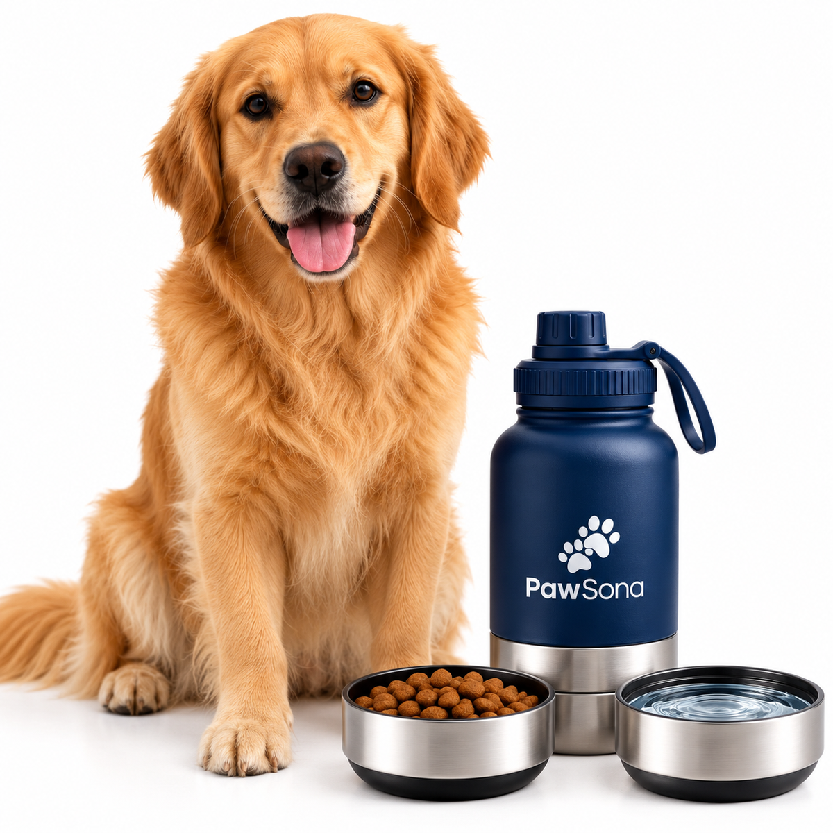 PawSona 3-in-1 Dog Water Bottle with Detachable Food & Water Bowls | Stainless Steel Bottle