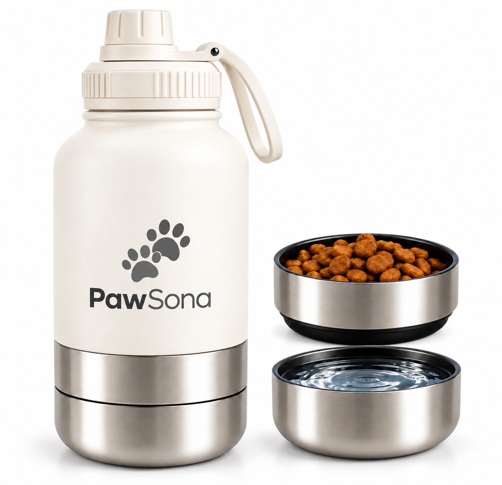 PawSona 3-in-1 Dog Water Bottle with Detachable Food & Water Bowls | Stainless Steel Bottle