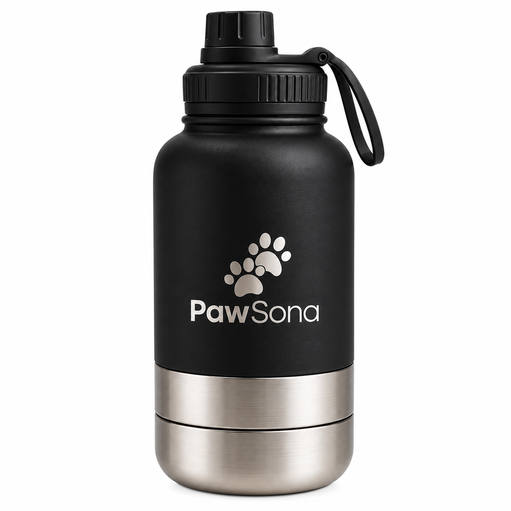 PawSona 3-in-1 Dog Water Bottle with Detachable Food & Water Bowls | Stainless Steel Bottle