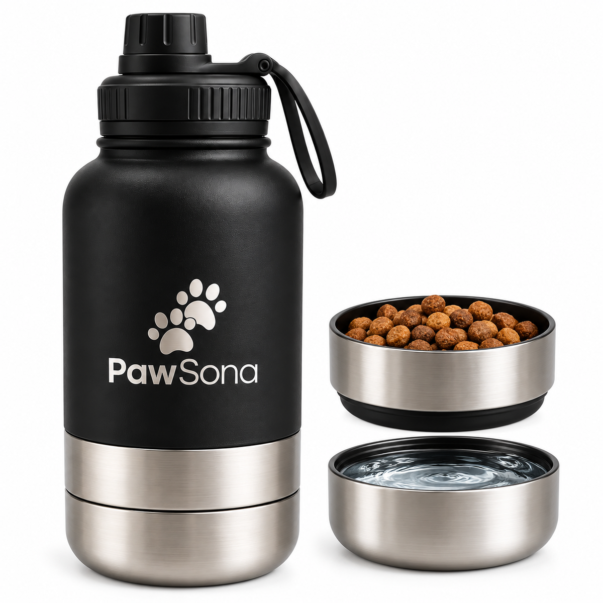 PawSona 3-in-1 Dog Water Bottle with Detachable Food & Water Bowls | Stainless Steel Bottle