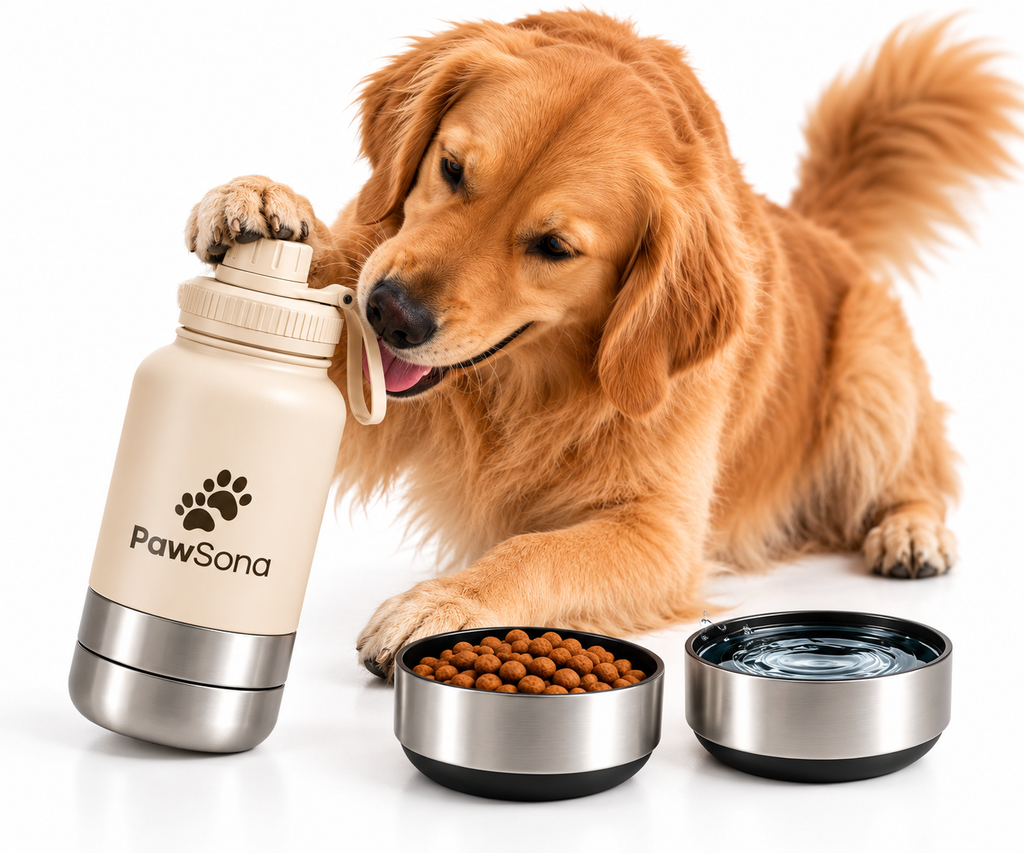 PawSona 3-in-1 Dog Water Bottle with Detachable Food & Water Bowls | Stainless Steel Bottle
