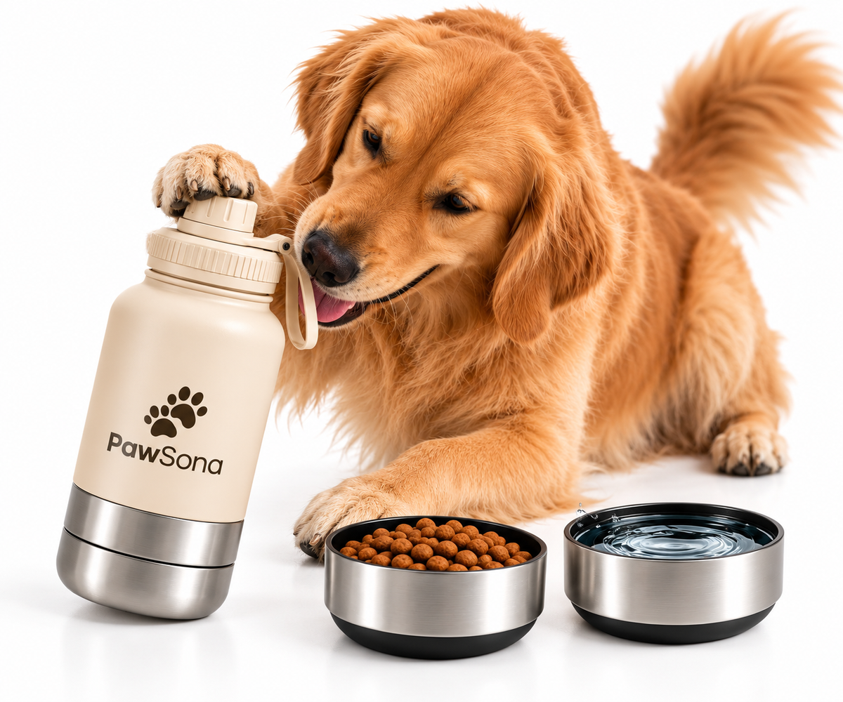 PawSona 3-in-1 Dog Water Bottle with Detachable Food & Water Bowls | Stainless Steel Bottle