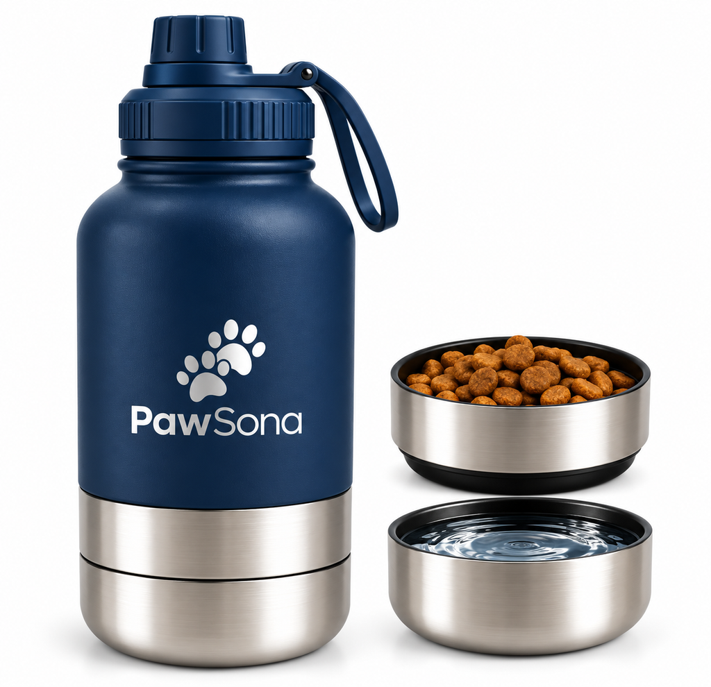 PawSona 3-in-1 Dog Water Bottle with Detachable Food & Water Bowls | Stainless Steel Bottle
