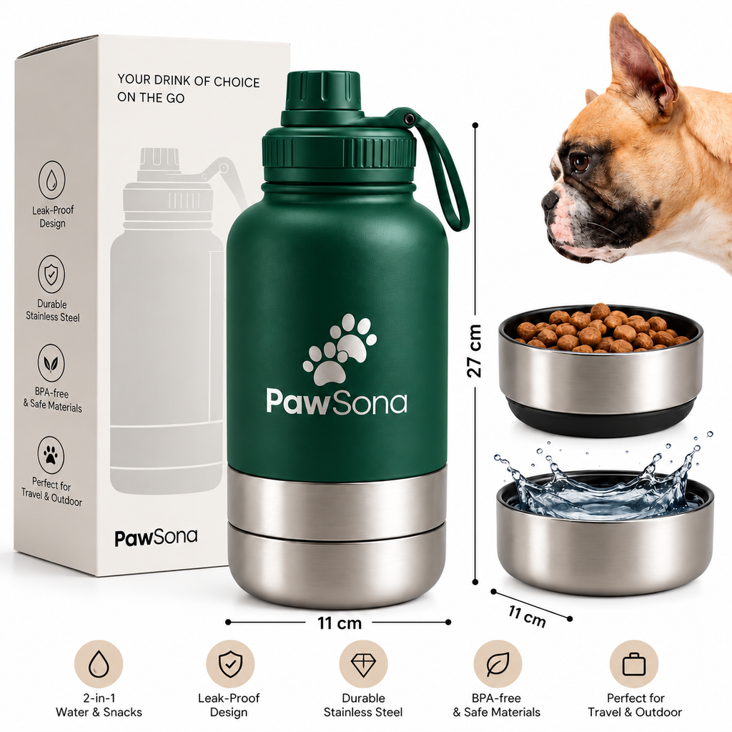 PawSona 3-in-1 Dog Water Bottle with Detachable Food & Water Bowls | Stainless Steel Bottle