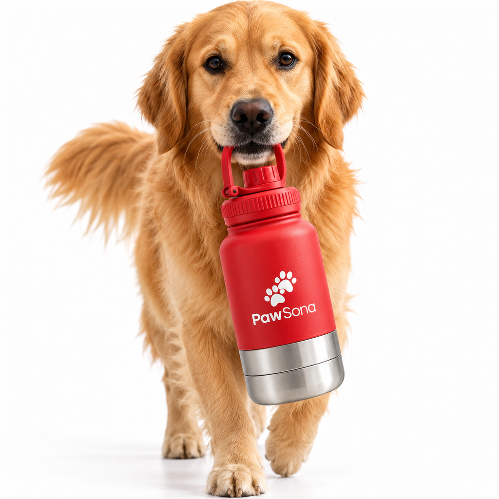 PawSona 3-in-1 Dog Water Bottle with Detachable Food & Water Bowls | Stainless Steel Bottle