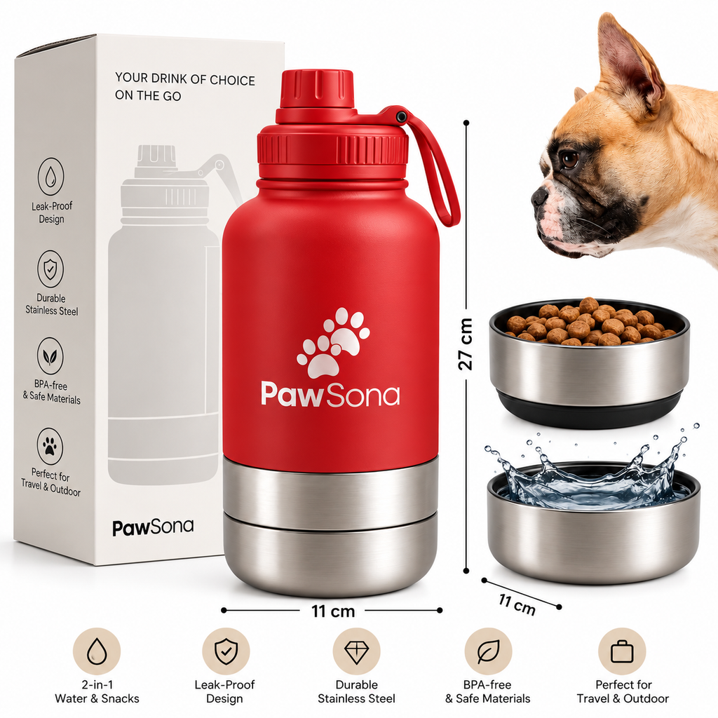 PawSona 3-in-1 Dog Water Bottle with Detachable Food & Water Bowls | Stainless Steel Bottle