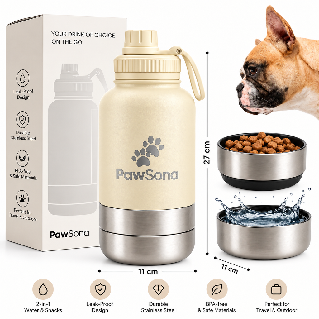 PawSona 3-in-1 Dog Water Bottle with Detachable Food & Water Bowls | Stainless Steel Bottle