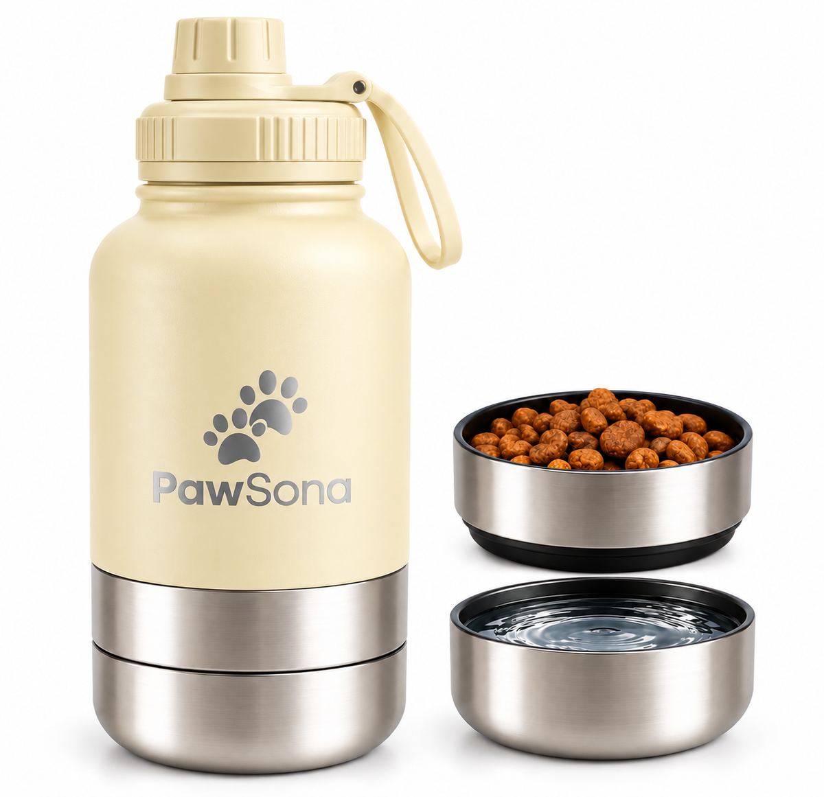 PawSona 3-in-1 Dog Water Bottle with Detachable Food & Water Bowls | Stainless Steel Bottle
